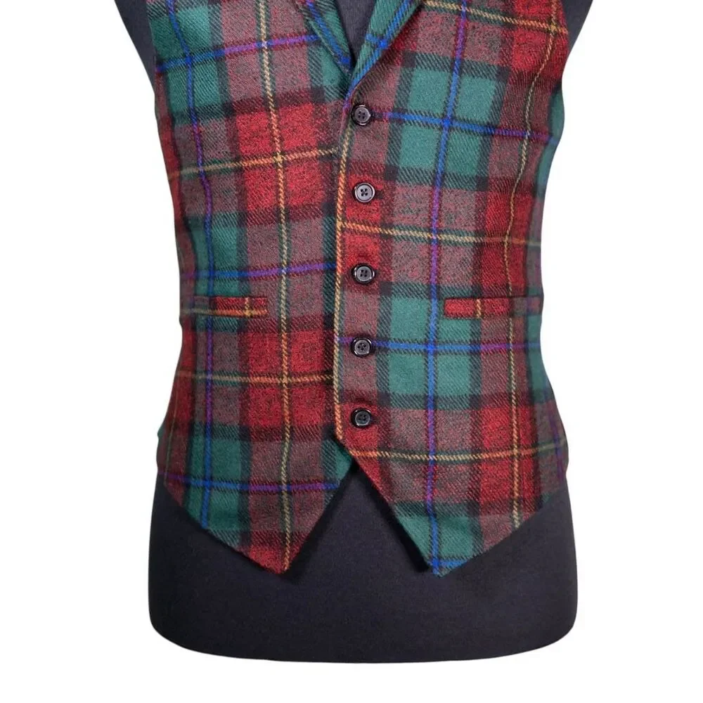 Mens Vest 40R Wool Tartan Plaid Green Red Waistcoat Formal Wedding Groom Party